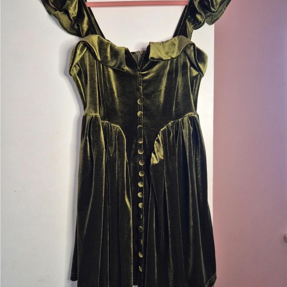 Velvet Green Dress with Button Detail